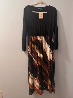 BloomChic Black V-Neck Midi Dress with Multi-Color Abstract Skirt